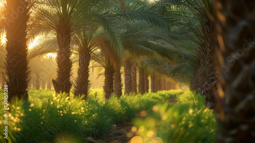 A picturesque scene of a date palm orchard at sunset, with rows of tall trees bearing clusters of ripe dates, their golden hues glowing in the warm evening light, promising a harve