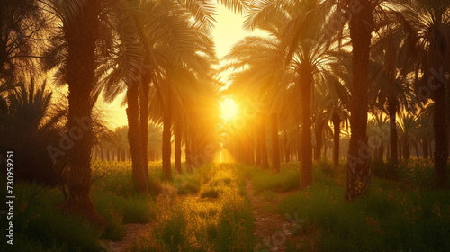 A picturesque scene of a date palm orchard at sunset  with rows of tall trees bearing clusters of ripe dates  their golden hues glowing in the warm evening light  promising a harve