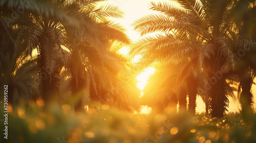 A picturesque scene of a date palm orchard at sunset, with rows of tall trees bearing clusters of ripe dates, their golden hues glowing in the warm evening light, promising a harve photo