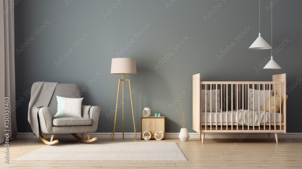 Baby crib, cupboard, armchair, lamp, stool in childs room with wooden floor and grey walls. - obrazy, fototapety, plakaty 