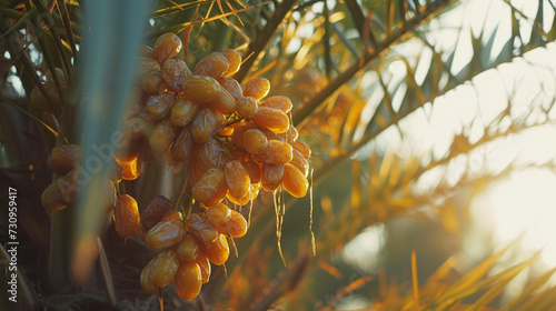 A captivating close-up of fresh dates being harvested from the palm tree, their plump fruits dangling delicately amidst the fronds, bathed in the soft glow of early morning sunligh photo