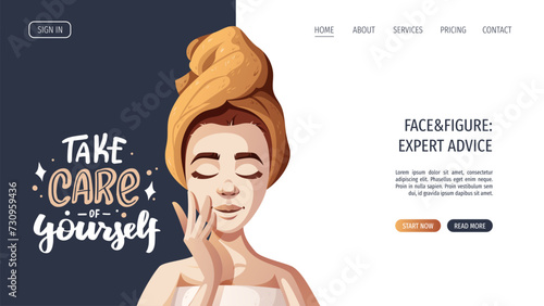 Web page design with woman with towels. Beauty, skin care, cosmetic, spa, shower concept. Vector illustration for banner, website, poster.