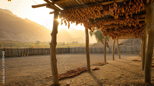 An enchanting scene of dates drying in the sun on traditional wooden racks, their wrinkled skins absorbing the warmth and energy of the day, against the backdrop of a tranquil dese photo