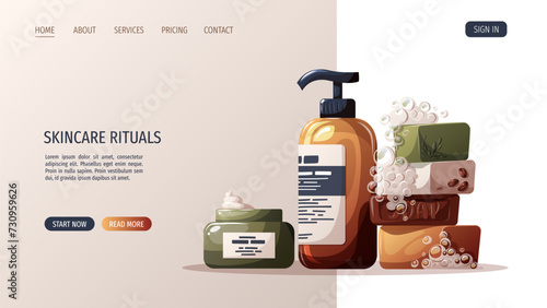 Web page design with set of cosmetics, soap. Beauty, skin care, hair care, cleansing concept. Vector illustration for banner, website, poster.