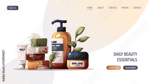 Web page design with set of cosmetics, soap. Beauty, skin care, hair care, cleansing concept. Vector illustration for banner, website, poster.