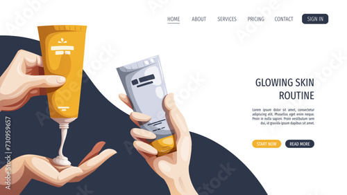 Web design with hands with tubes of cream. Beauty, skin care, body care, cosmetic concept. Vector illustration for banner, poster, website.