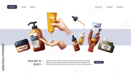 Web page design with set of beauty products, cosmetics. Beauty, skin care, body care, cleansing concept. Vector illustration for banner, poster, website.