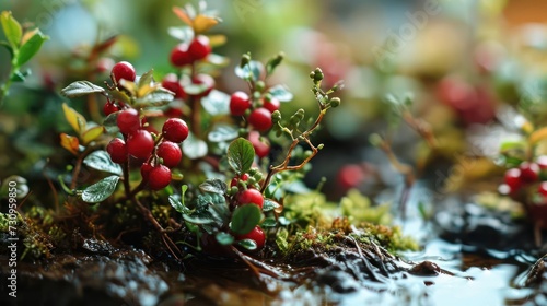 closeup photography mini Cranberry fruit, showcasing its tiny red berries and tart flavor, arranged in a bog scene photo