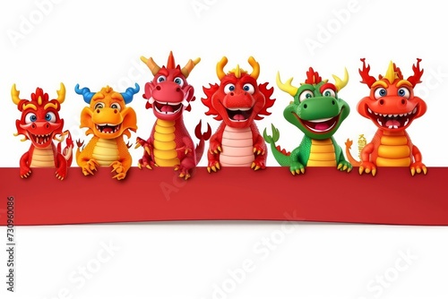 Mascottes mignonnes dragons tenant un parchemin de richesse de f  licitations au bas de l image de nombreuses expressions faciales - Nouvel An chinois
