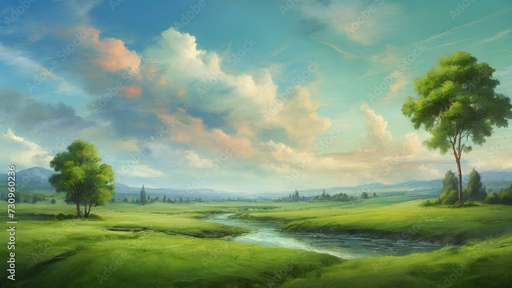Realistic picture of green landscape with beautiful sky
