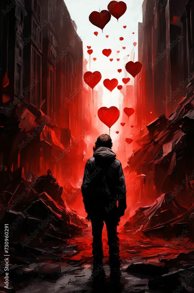 A man stands on a street in an alley and looks at red hearts fluttering in the sky in a ruined city. A symbol of love and passion. Poster. The concept of love