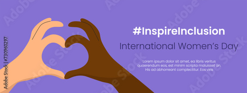 Inspire Inclusion slogan International Women's Day 8 march 2024. Iwd world campaign. Vector women's hands on heart gesture on violet background