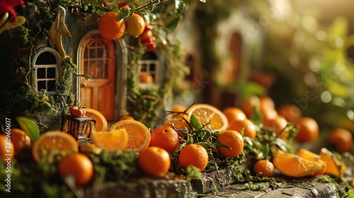 closeup photography Orange fruit, with its bright citrus color and refreshing vibe, arranged in a whimsical dollhouse-inspired citrus grove setting