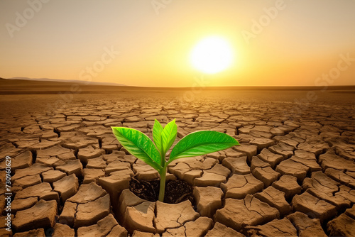 Plant in dry cracked soil. Tree in dry cracked land. Growing tree in dry soil in desert. Green young plant in cracked soil. Green plant growing in dry cracked ground. Nature recovery, climate change