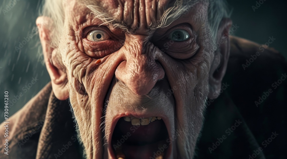 The haunting closeup of a man's face reveals a wrinkled canvas of flesh, resembling a fearsome animal's skin, with piercing eyes that seem to hold a dark horror within The haunting closeup of a man's face reveals a wrinkled canvas of flesh, resembling a fearsome animal's skin, with piercing eyes that seem to hold a dark horror within