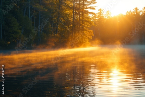 Golden hour sunlight, casting warm light on a serene lake