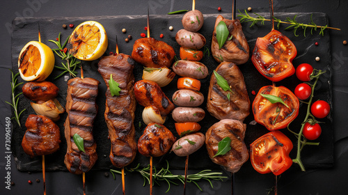 User Mouthwatering barbecue with vegetables and sauces on black stone background © Filip Korić