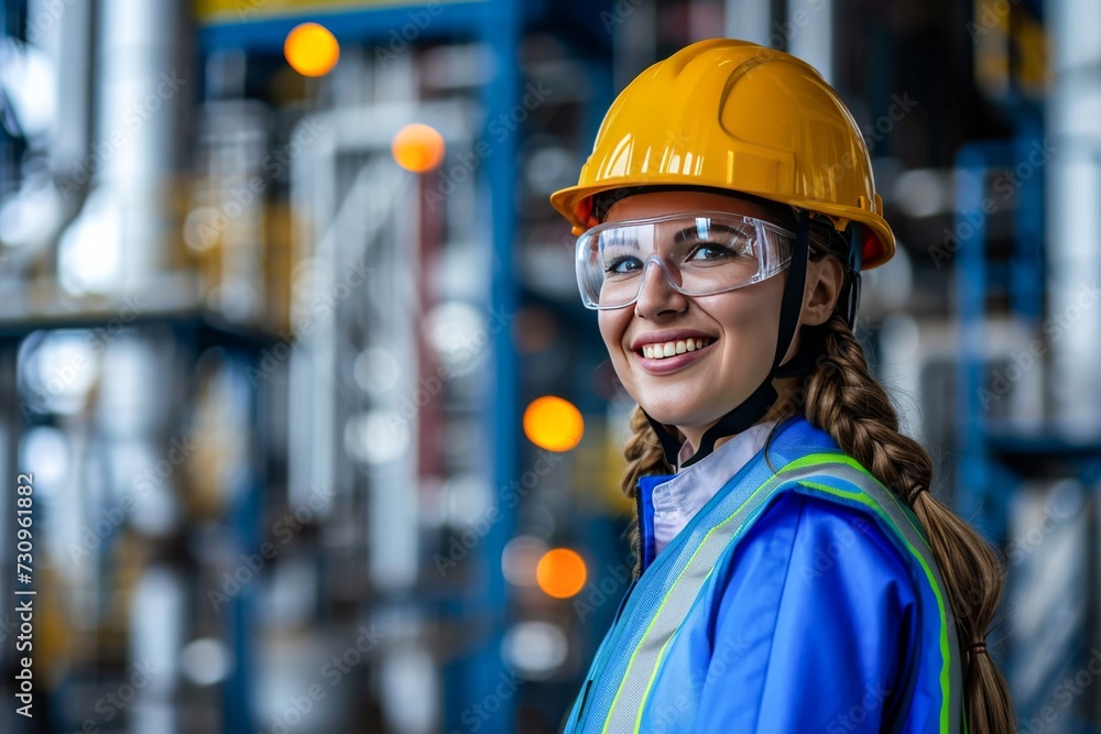 A confident female engineer beams with pride in her yellow hard hat and goggles as she surveys the bustling street below from the top of a construction site A confident female engineer beams with pride in her yellow hard hat and goggles as she surveys the bustling street below from the top of a construction site