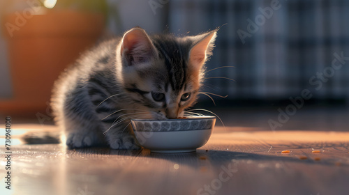 The kitten eats from a bowl