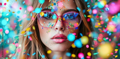 A vibrant and confident young woman with bold makeup and trendy glasses stares directly into the camera, showcasing her unique and expressive personality