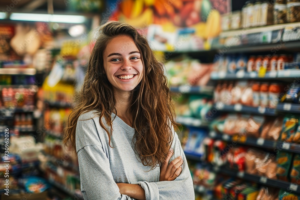 A cheerful woman stands in a well-stocked convenience store, her bright smile and stylish clothing adding to the welcoming atmosphere as she represents the human face of retail