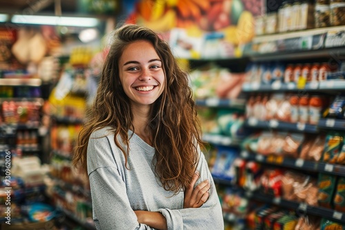 A cheerful woman stands in a well-stocked convenience store, her bright smile and stylish clothing adding to the welcoming atmosphere as she represents the human face of retail