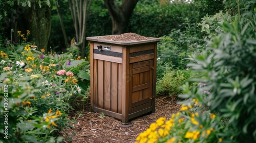 Wooden composting bin for home and garden waste recycling with surrounding flowers and plants © Andrei