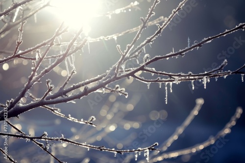 Icy branches glistening, sunbeam piercing, through frosty air
