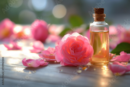 A bottle of aromatherapy essential oil with pink rose flowers