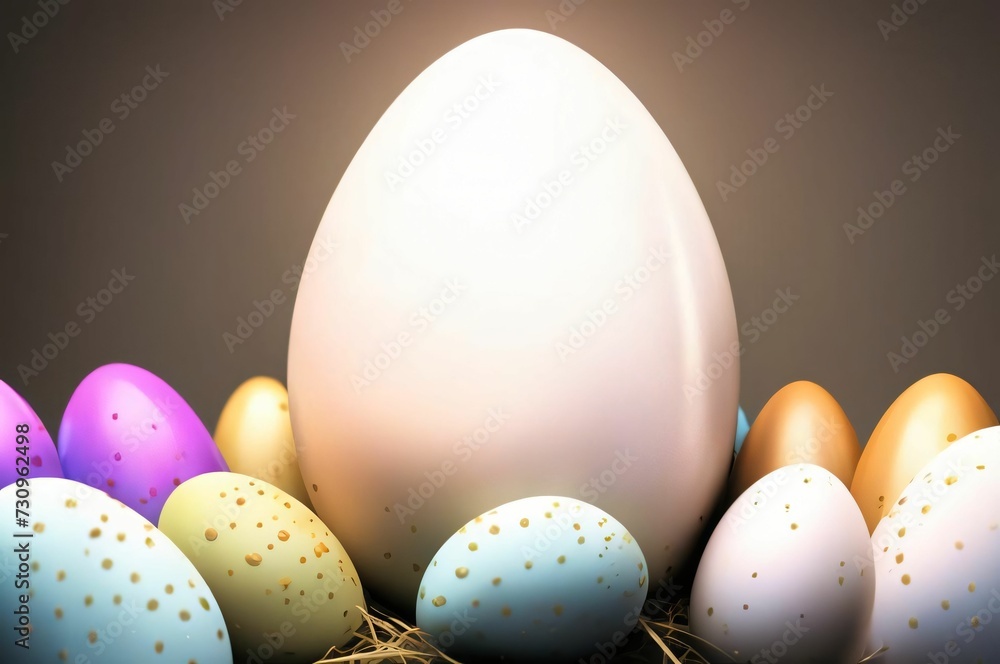 A large single Easter egg among small painted eggs on a light colored background. Easter concept