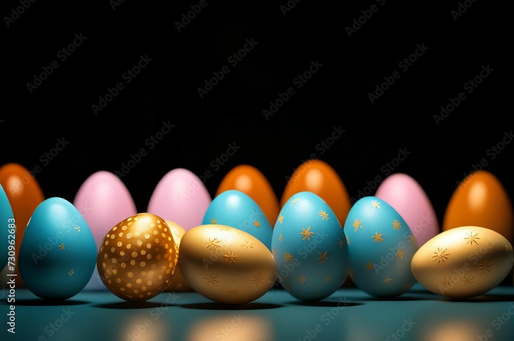 Painted Easter eggs with patterns on a dark background. Copy space. Easter concept