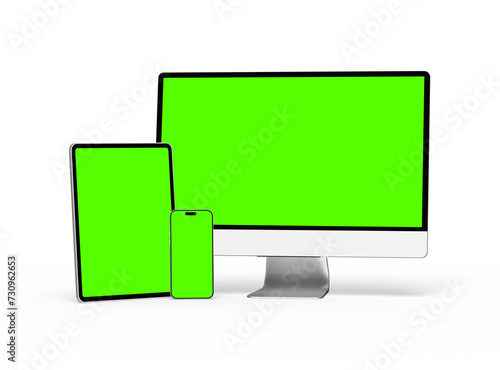 3D Render of smartphone tablet desktop with green screens on a light background