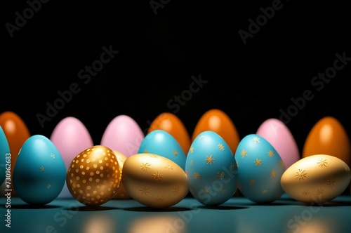 Painted Easter eggs with patterns on a dark background. Copy space. Easter concept
