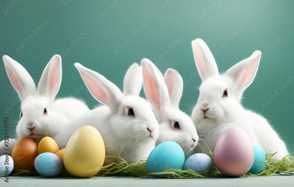 Four white Easter bunnies on a monochrome background among colored eggs. Easter concept Four white Easter bunnies on a monochrome background among colored eggs. Easter concept