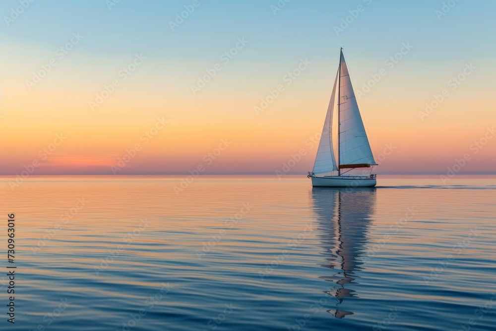 Lone sailboat on a calm sea at sunset
