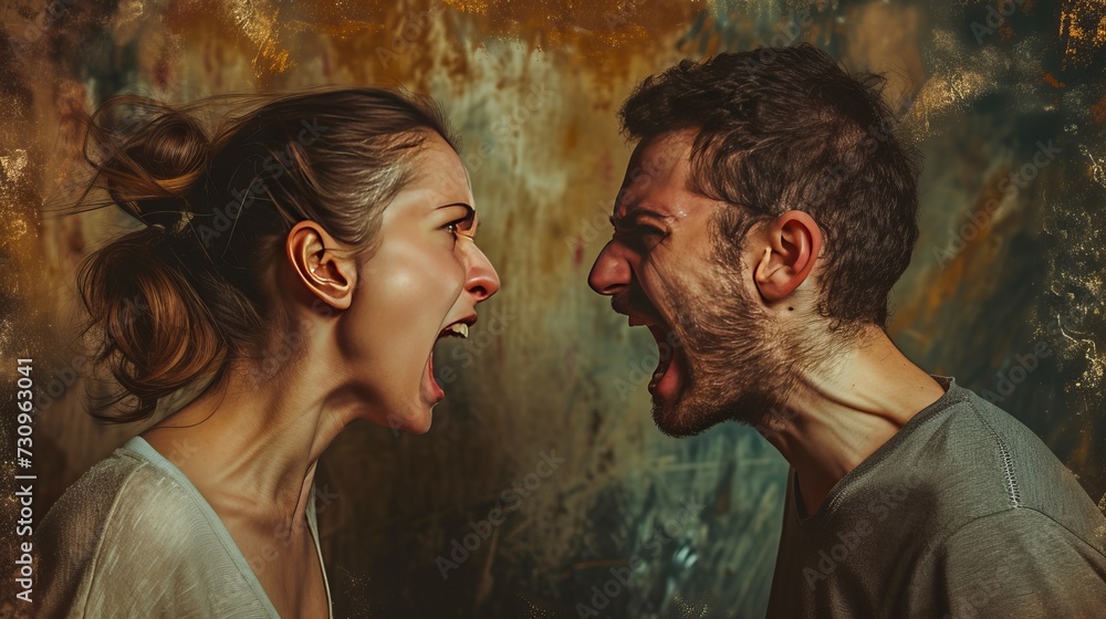 A fiery exchange between a man and woman, their faces contorted with anger and frustration, as a portrait of a kiss hangs in the background, a stark contrast to the heated scene - obrazy, fototapety, plakaty 