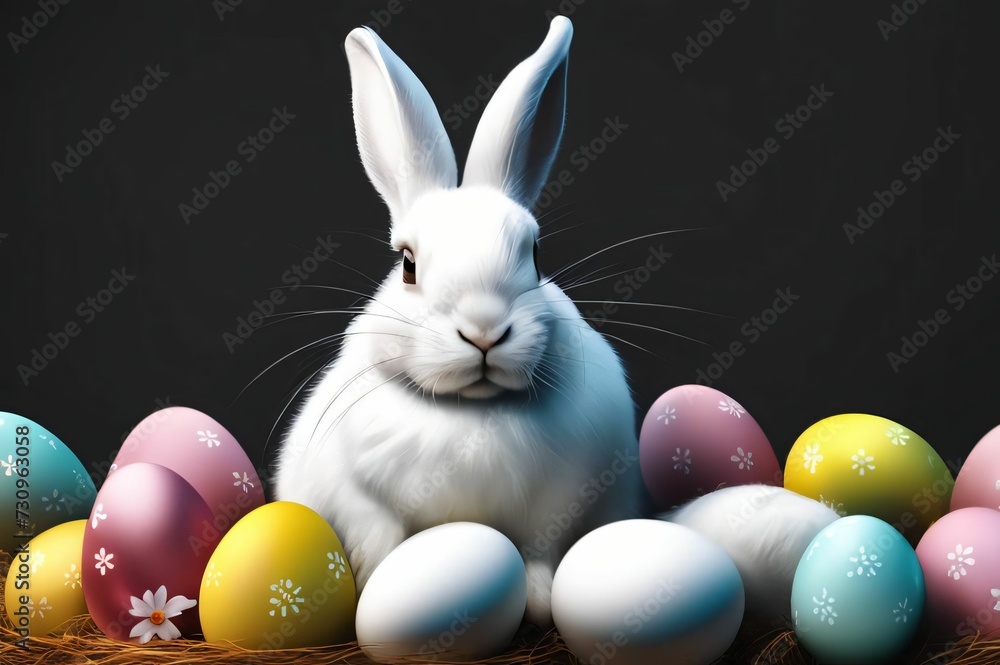 One white Easter bunny on a dark background among the eggs. Easter concept One white Easter bunny on a dark background among the eggs. Easter concept