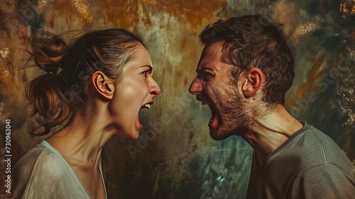 A fiery exchange between a man and woman, their faces contorted with anger and frustration, as a portrait of a kiss hangs in the background, a stark contrast to the heated scene photo