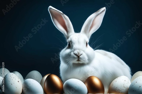 One white Easter bunny on a dark background among the eggs. Easter concept