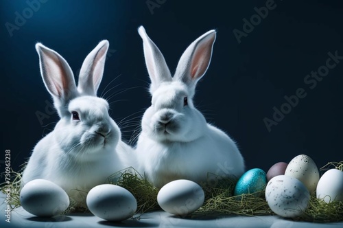 Two white Easter bunnies on a dark background among eggs