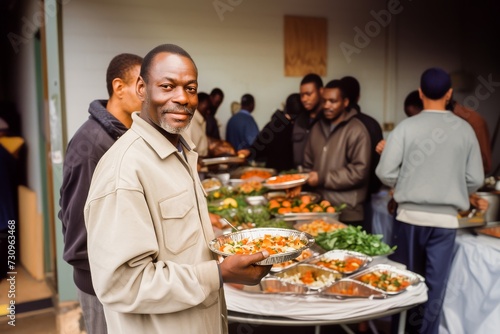 Man smiling at a soup kitchen while serving healthy meals to the community  representing charity and support.