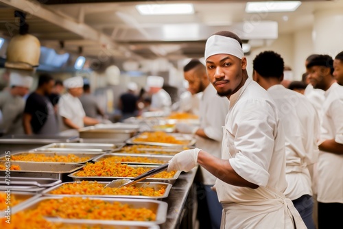 Professional chef serving food in a busy commercial kitchen with team of cooks working in the background. photo