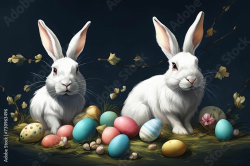 Easter white bunny with eggs. Colorful eggs on a dark background © Rayan Heaven