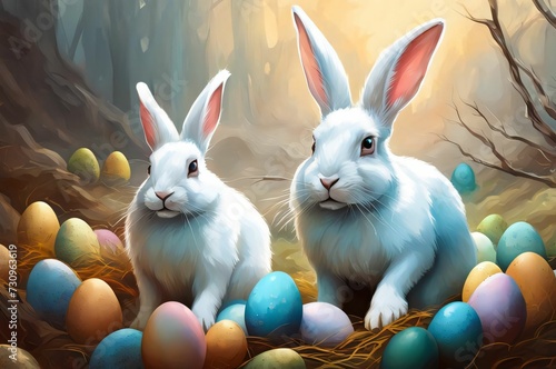 Easter white bunny with eggs in forest. Colorful eggs on a dark background