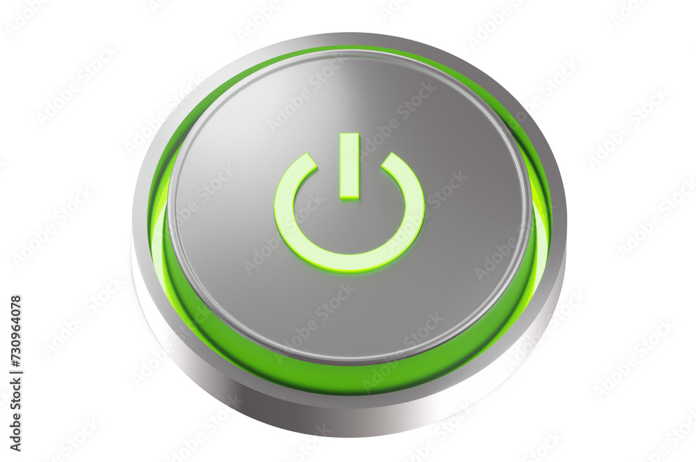 Metal round shaped button with bright neon green sign . Metal round shaped button with bright neon green sign .