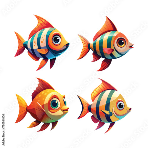 set of colorful cute cartoon fish isolated white background