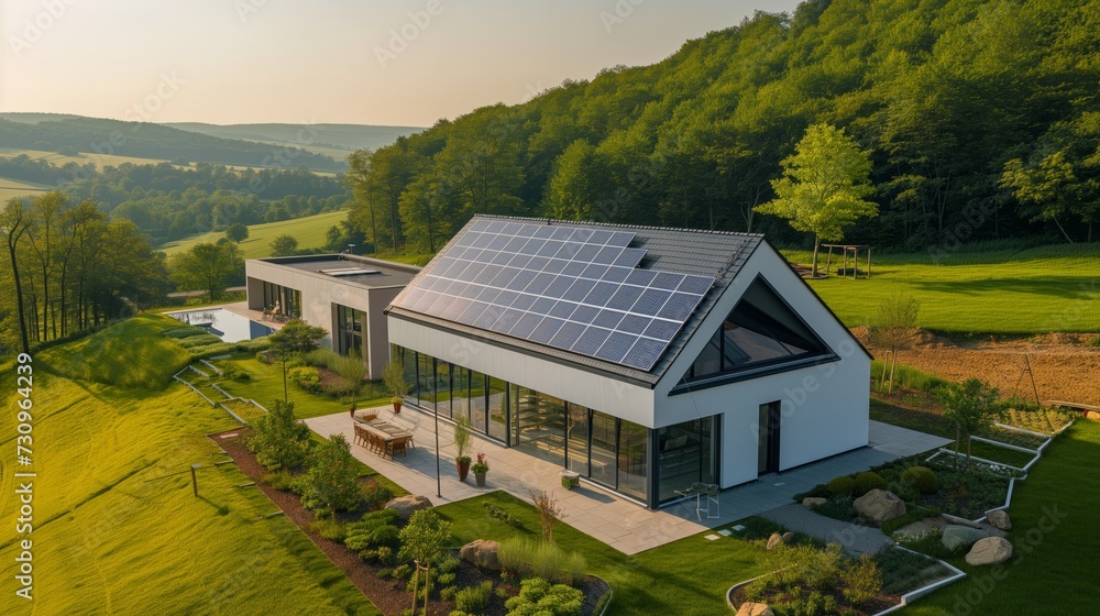 Modern farmhouse with solar panels on the roof Modern farmhouse with solar panels on the roof