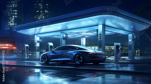 Electric car charging on the station Generative © yaxir