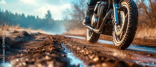 A rugged motorcycle tears through the dirt, its tire leaving a trail of dust as it conquers the rough terrain with its powerful engine and fearless rider photo