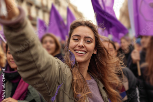 Women smile at the camera during a demonstration. they protest with purple flags